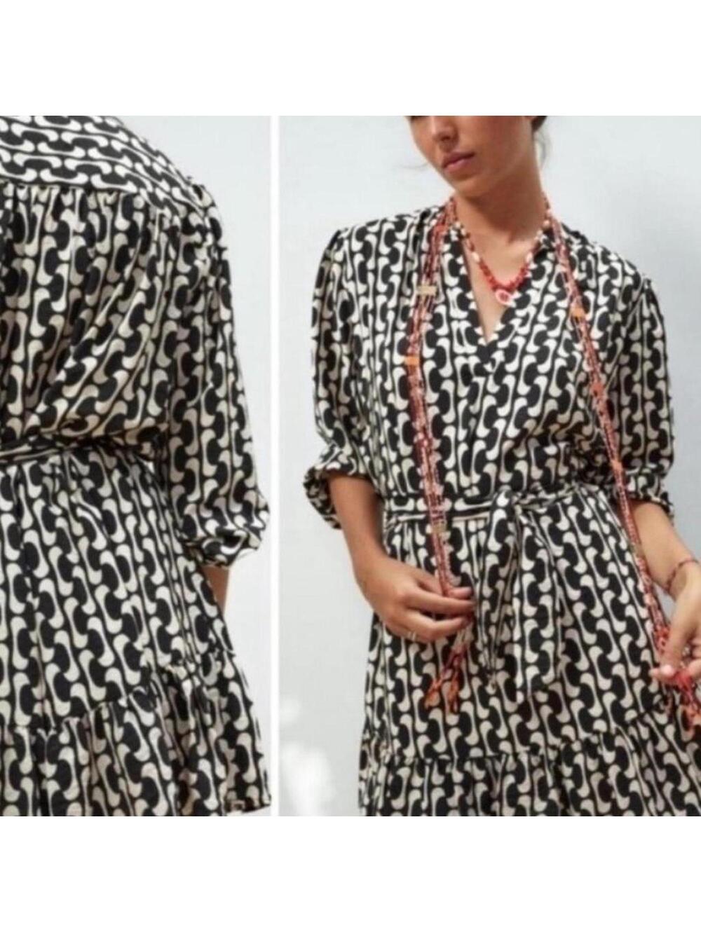 ZARA LS Black & Cream Print Belted Mini Dress ‘The Paula’